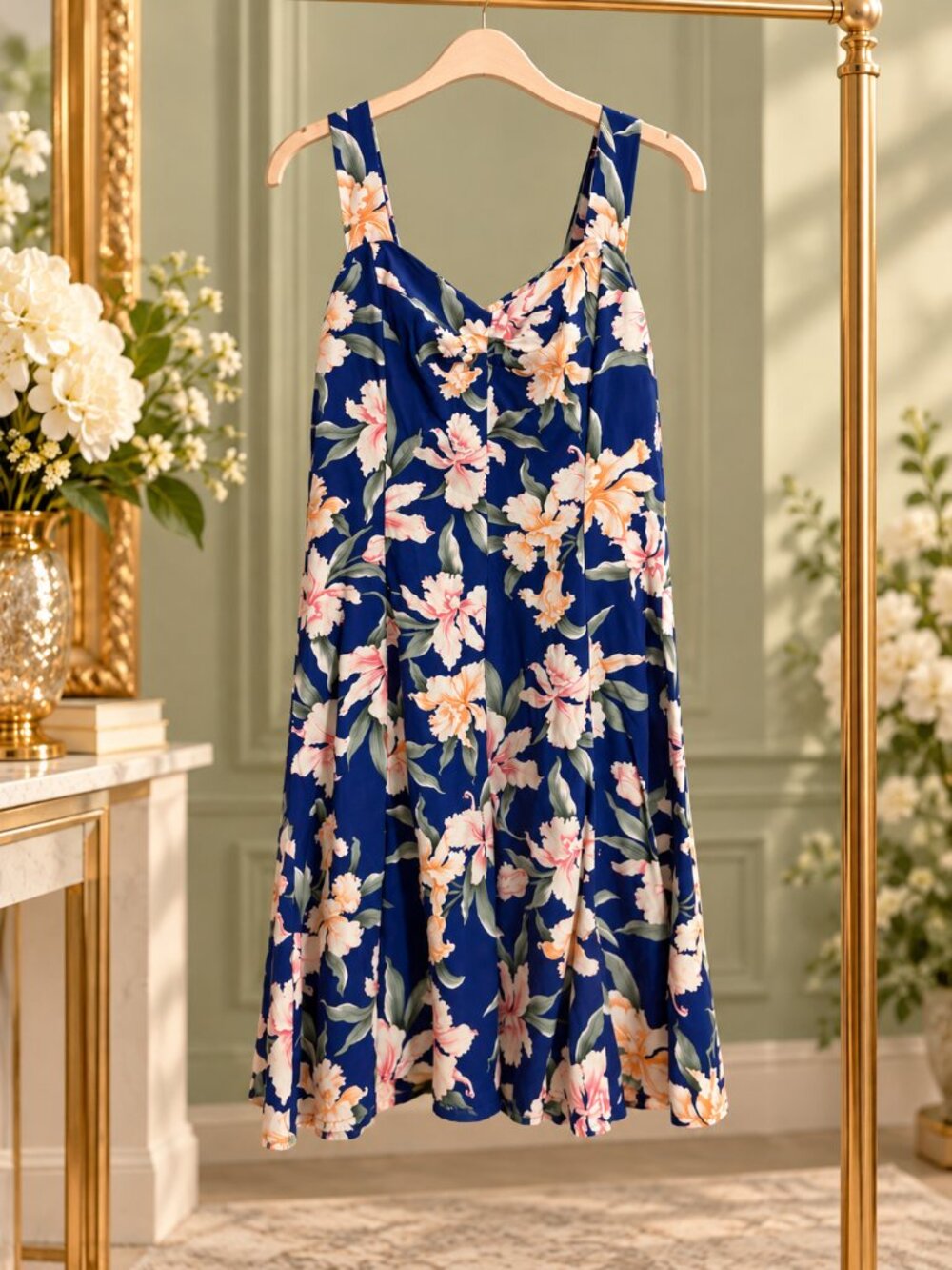 Paradise Bay Hawaiian Floral Sundress XL Blue Rayon Tropical Mini Dress